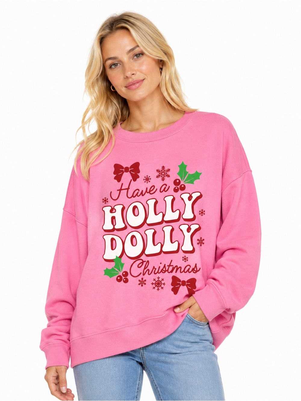 Dolly Have a Holly Dolly Christmas Pink Holiday Sweatshirt Size XXL